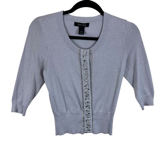 White House Black Market Silver Shimmer Studded Snap Up 3/4 Sleeve Cardigan Sz S - Picture 1 of 6
